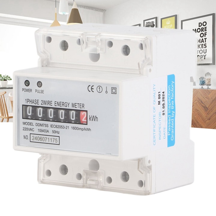 Contor de energie DDM75S, wattmetru pe sina DIN, 1 faza, 10-40A, afisaj 99999.1 kWh, 220VAC, alb, 1 buc