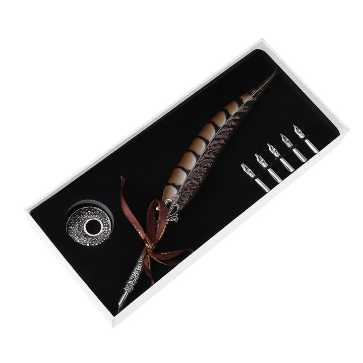 Set stilou cu pana pentru caligrafie, dip pen vintage, din aliaj cu varfuri din otel inoxidabil, cu 5 rezerve si suport, cutie de cadou inclusa, maro, 1 set