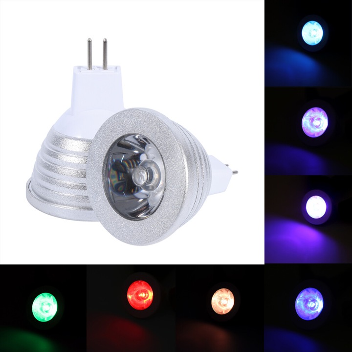 Bec LED MR16 3W RGB schimbare culoare cu telecomanda 12-24V