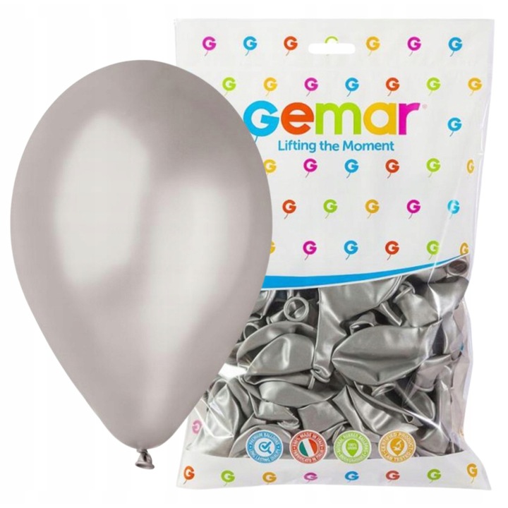 Gemar GM110 léggömbök, fémes latex lufi, dekoratív, 30 cm, ezüst, 100 db