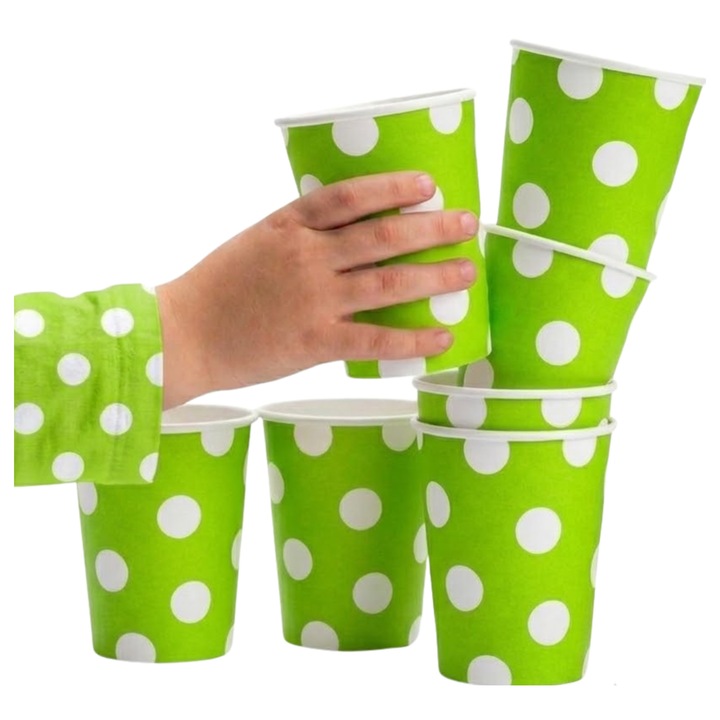 GoDan Pisztácia 6 db papírpohár fehér pöttyökkel, PE szivárgásmentes béléssel, eldobható, pisztáciazöld/fehér, 6 x 270 ml