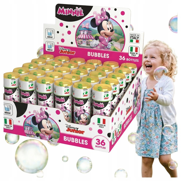 36 darabos szett, Dulcop Minnie szappanbuborék, dupla pálca nagy és kis buborékokhoz, labirintusos kupak ügyességi játékhoz, rózsaszín/többszínű, 36 x 60 ml