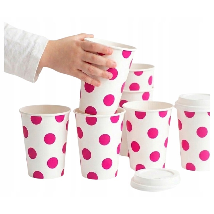 GoDan papírpoharak, eldobható poharak, 250 ml, fehér rózsaszín pöttyökkel, 6 darab
