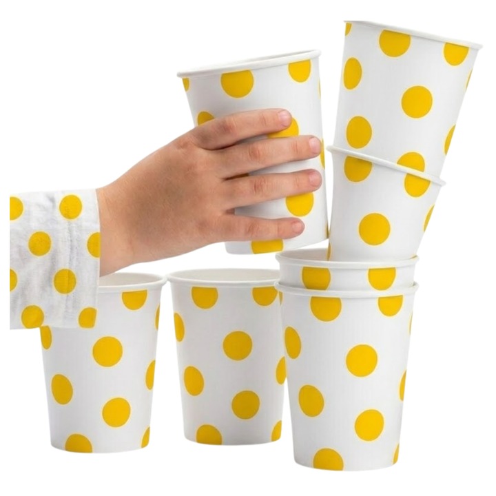 6 darabos készlet, GoDan Sárga Pöttyös papírpoharak, PE vízálló réteggel, FSC tanúsítvánnyal, Fehér/sárga, 6 x 250 ml