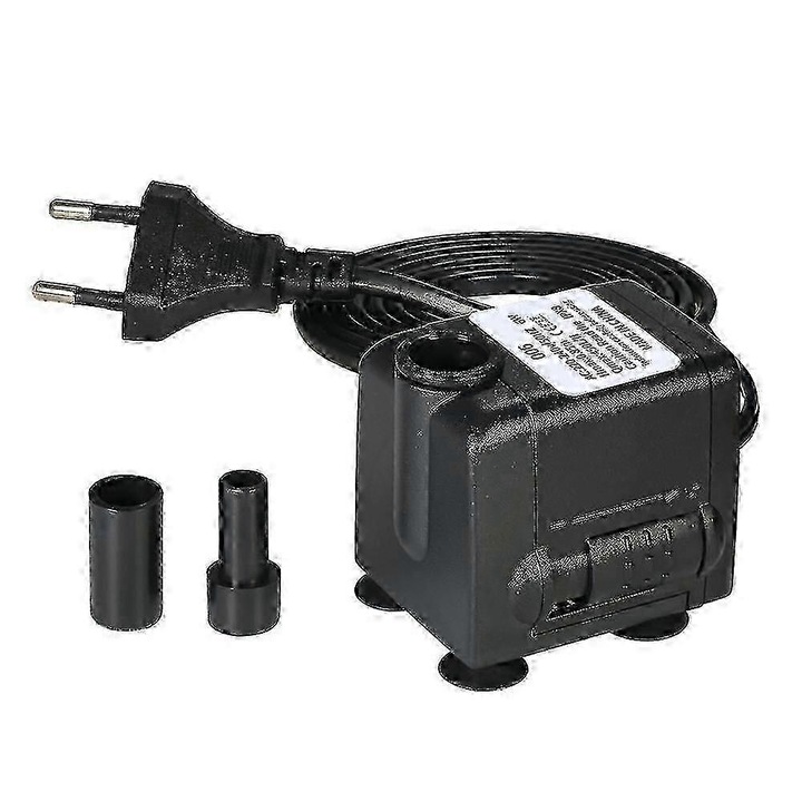 Pompa submersibila de apa AC220-240V 450 L/h 6W, cu 2 duze, pentru acvariu, fantani de masa si hidroponie, Negru