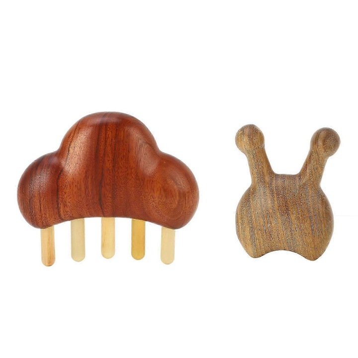 Set 2 piese, instrumente masaj din santal si lemn de trandafir, pieptene meridian si racleta nazala guasha, pentru reducerea stresului, maro natural