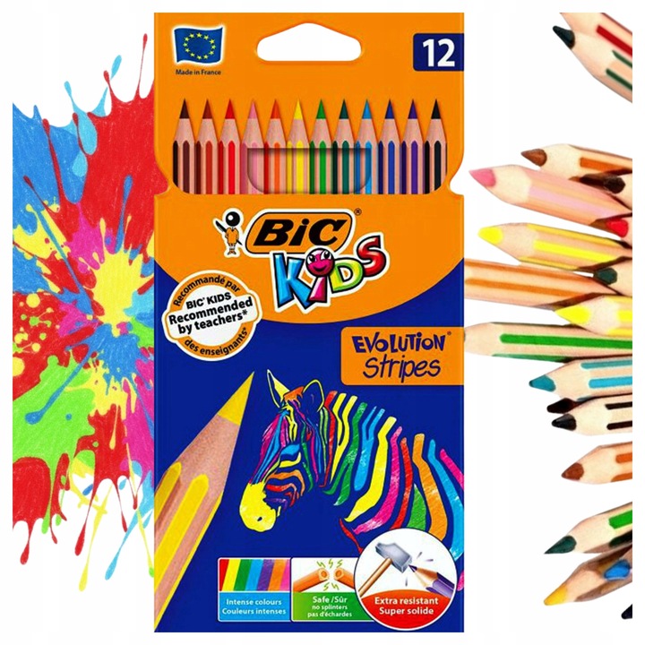 BIC Evolution Stripes színes ceruzák, ergonomikus hatszögletű forma, fa nélküli, törésálló, intenzív színek, Multicolor, 12 darab