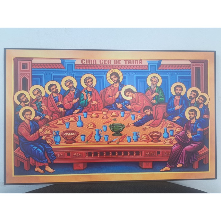 Icoană Cina cea de Taină pictată UV pe lemn, 400x250x18mm