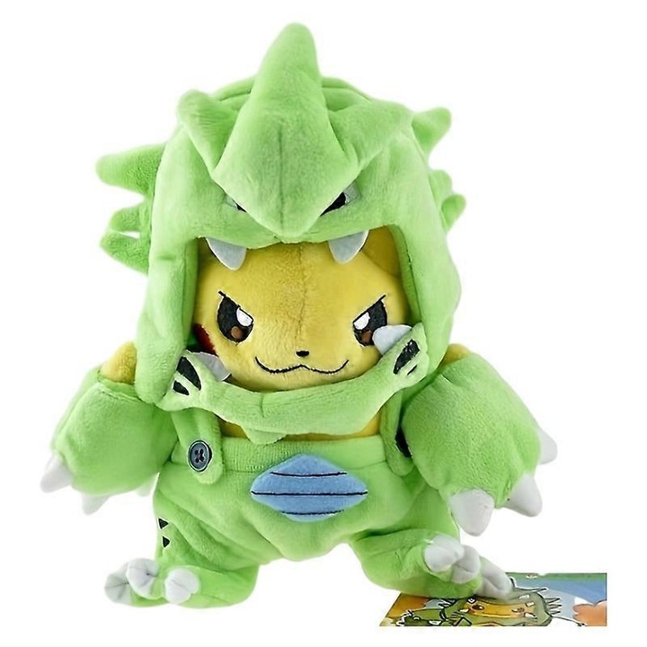 Jucarie de plus, plus Pokemon Pikachu in gluga Tyranitar, transformabil, din material moale, Verde, 1 buc