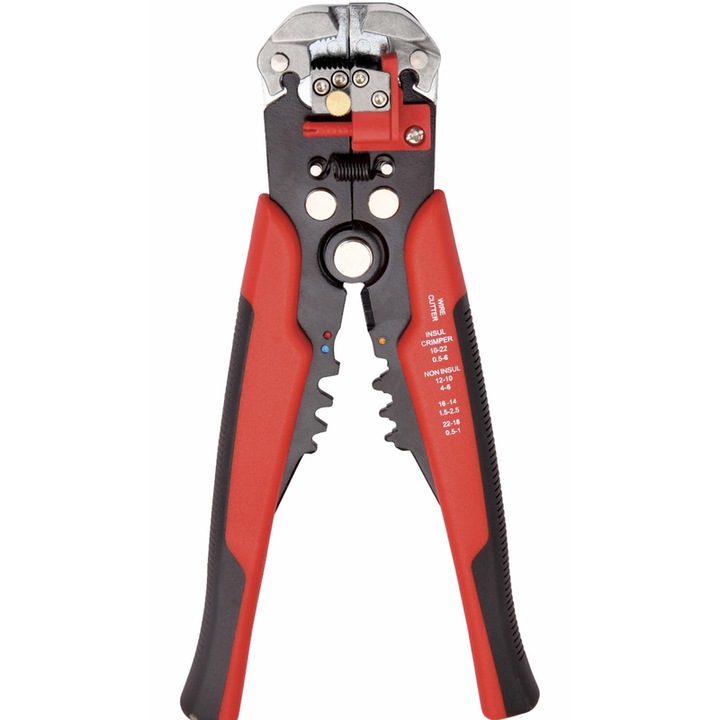 Cleste sertizare si dezizolare Hoff, 20 cm, 375 g, negru si rosu, 20 cm, functii: buton reglare falci, dezizolare, sertizare, taiere, produs usor de controlat si utilizat, pentru conductori subtiri
