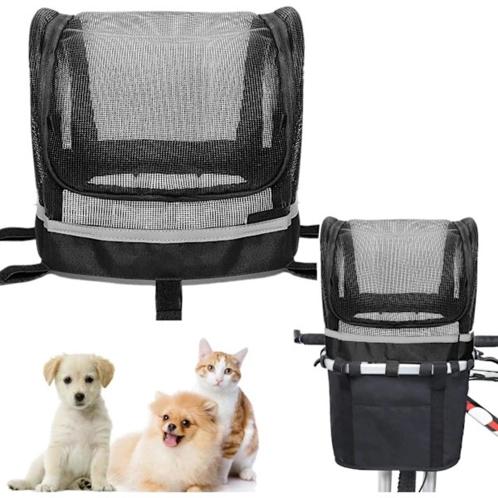 Cos transport animale pentru bicicleta, cu plasa 360° respirabila, protectie anti-evadare, benzi reflectorizante, husa detasabila si portabila, baza antiderapanta, Negru
