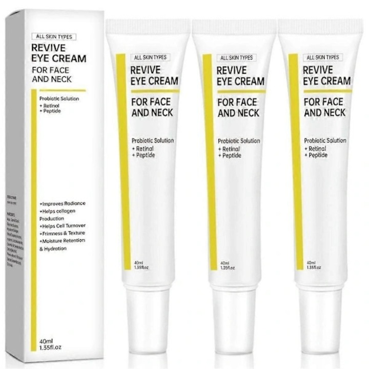 3 db-os szett Revive Eye Cream szemkrém, arcra és nyakra, probiotikumokkal, retinollal és peptidekkel, ránctalanító, 3 x 40ml