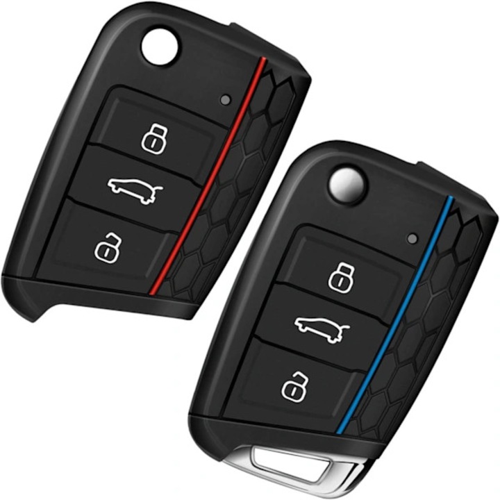 Калъф за ключ за кола, защитен силиконов калъф, съвместим с VW Golf 7, Polo, Tiguan, Seat Leon 3, Ibiza 6F, Ateca, Arona, Fabia 3, Skoda Octavia 3, Kodiaq, от гъвкав TPU, устойчив на надраскване и противоплъзгащ, Червен/Син, Комплект 2 броя