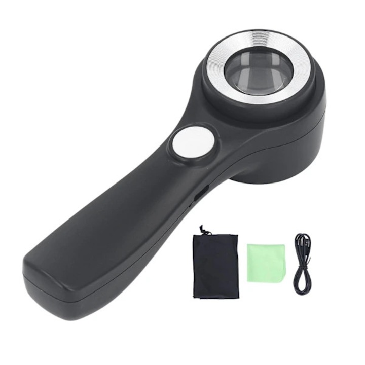 Lupa de mana, lupa portabila, 60x, usb reincarcabila 500mAh, led cu comutator tactil, sticla optica, negru, 1 buc