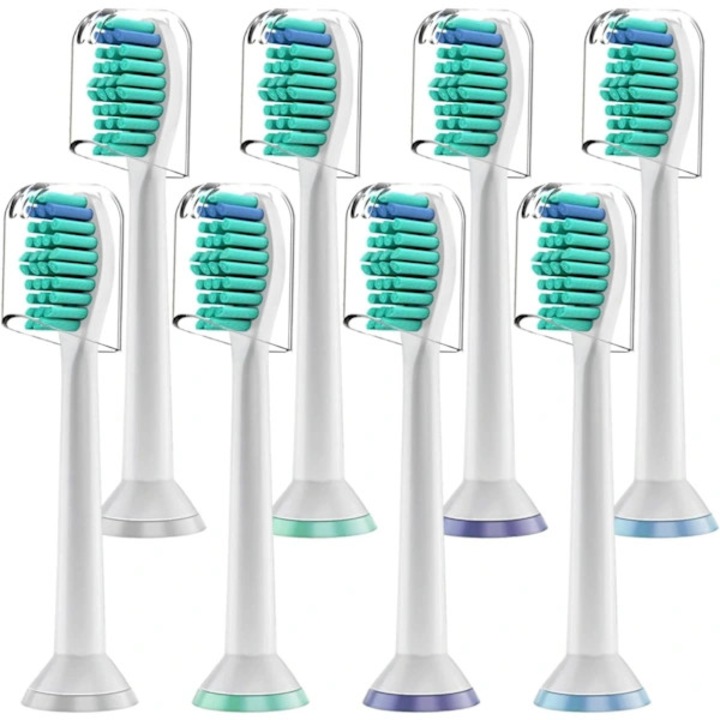 Capete de inlocuire periuta electrica standard, compatibile cu Philips Sonicare, cu peri DuPont moi si flexibili, cu capace igienice si inel colorat de identificare, alb, 8 buc