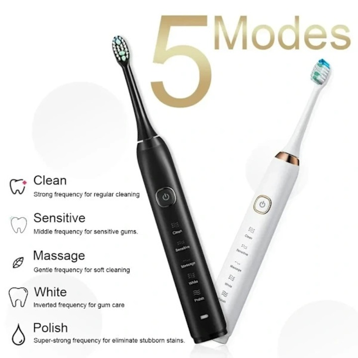 Periuta de dinti electrica, perie sonica, incarcare USB, IPX7 rezistenta la apa, 5 moduri, pana la 39.600 miscari/min, 8 capete de perie, albastru marin, 1 buc