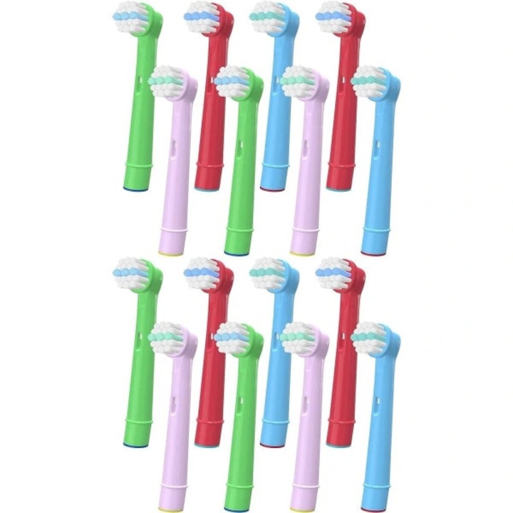 Capete de schimb periuta electrica pentru copii, compatibile cu Oral-B, peri moi din nylon Dupont, cu indicator de uzura albastru, multicolor, 16 bucati