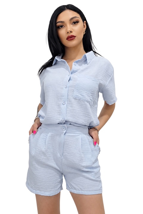 Compleu casual cu bumbac, cristale KARMELL, si pantaloni scurti, BLUE
