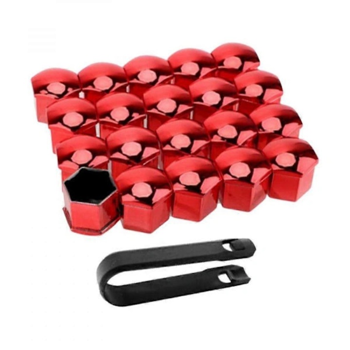 Kerékanya sapkák/védők, univerzális, korrózióálló POM anyagból, leszerelő szerszámmal, Piros, 17 mm, 20 darab