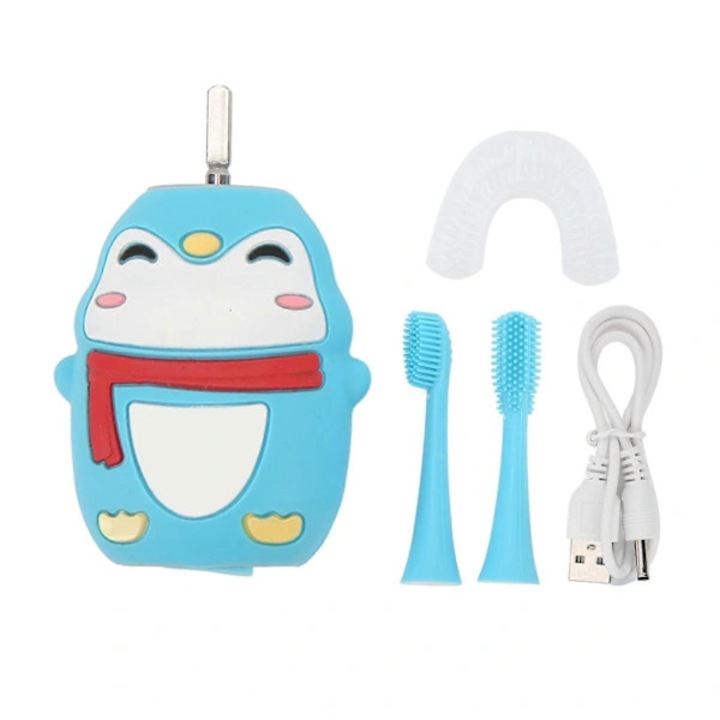 Periuta de dinti electrica pentru copii, perie electrica cu capete U din silicon, 2 capete moi interschimbabile, incarcare USB, portabila pentru calatorii, albastru, 1 set