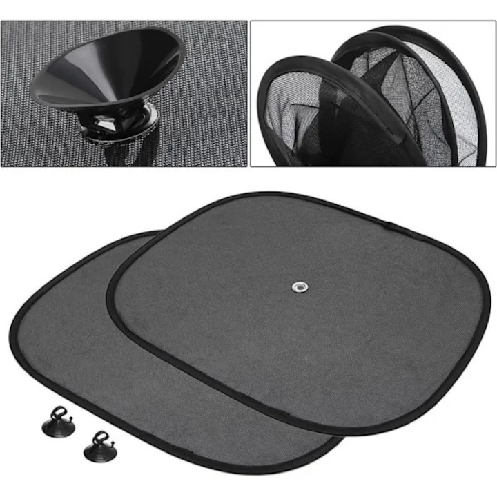 Set 2 bucati, Parasolar auto pentru geam lateral/spate, protectie UV, usor, cu ventuze incluse, Negru