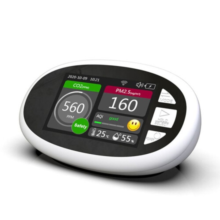 Detector monoxid de carbon si monitor calitate aer DM125C desktop, cu Wi-Fi, ecran LCD, senzori temperatura si umiditate, masurare PM2.5/CO2, alb/negru