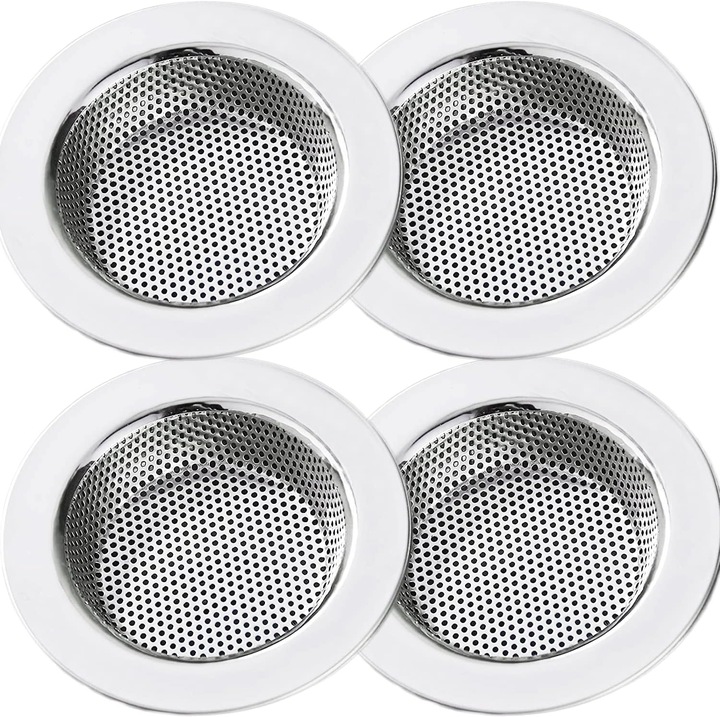 Set 4 bucati, sita pentru scurgere chiuveta din inox 304, margine 11.2 cm, plasa fina 0.8 mm, compatibila cu orificii pana la 11.5 cm, lavabila in masina de spalat, argintiu, 4 x 1 buc