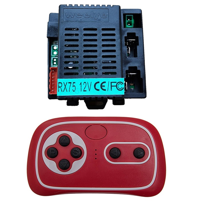 12V vezérlő készlet elektromos játékautókhoz Rx75, 4 GHz-es távirányító szülői felügyelettel 30 m-ig, soft-start/soft-stop és motorvezérlés 100W-ig, fekete/piros, 1 szett