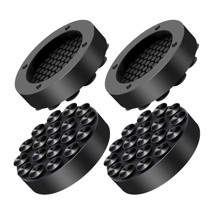 Set 4 bucati, picior antiderapant pentru masina de spalat, pad amortizor cu ventuze diametru 7 cm, ridica 5 cm si absoarbe vibratii reducand zgomotul cu 40%, suport 50 kg/buc, negru