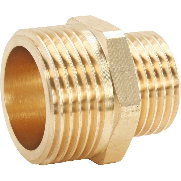 Niplu dublu filetat, conector reductant din alama masiva, M12x1.5/M8x1.0 (12/17-8/13), pentru apa calda si rece, auriu, 1 buc
