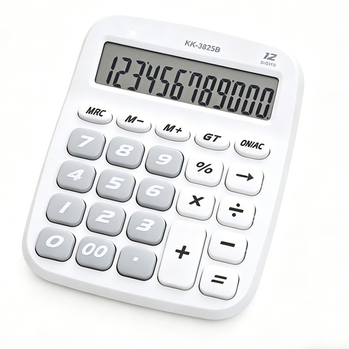 Настолен калкулатор, KK-3825B с големи бутони, 12-цифрен дисплей, захранване с AAA батерии, бял