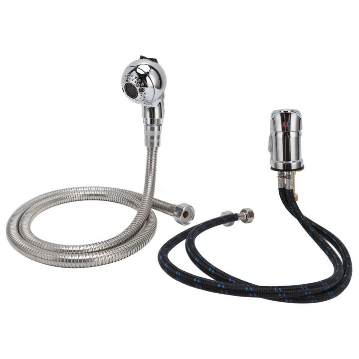 Комплект смесител за мивка за измиване на коса, керамичен клапан против течове, галванизиран корпус от цинкова сплав, тръба 70 см, гъвкав маркуч 120 см, душ глава 12 см, Хром, 1 комплект