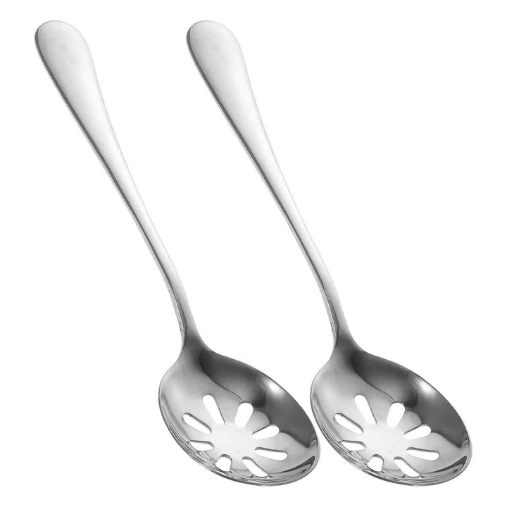 Set 2 bucati, linguri pentru servire din otel inoxidabil 304, ergonomice cu sloturi pentru salata, rezistente la coroziune, reutilizabile, argintiu, 2 x 17 cm