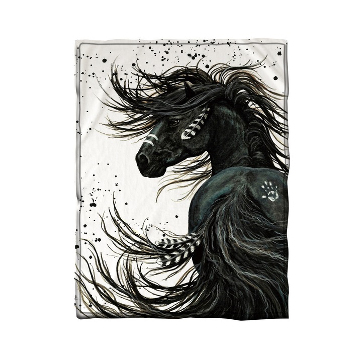 Patura fleece microfibra, cu imprimeu cal negru, ultra-moale 100% microfibra poliester, reversibila si anti-pilling, alb/negru, 150x200 cm