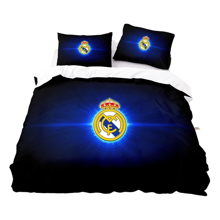 2 részes szett, Real Madrid Club Emblem paplanhuzat és párnahuzat, pamut, egyszemélyes ágyra, fekete/kék, 140x210 cm