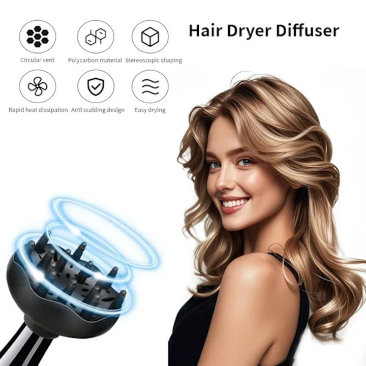 Difuzor pentru uscator de par, difuzor de par, diametru fix 5 cm, compatibil cu uscatoare 4,3-5,3 cm, montare rapida cu sistem click, material durabil, negru, 1 buc.