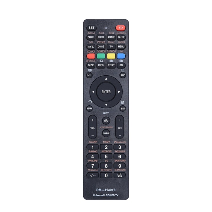 Univerzális TV távirányító RM-L1130+8, kompatibilis Sharp/Sony/Panasonic készülékekkel, hatótávolság több mint 8 m, fekete