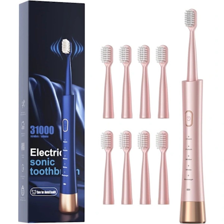 Periuta de dinti electrica sonica, 5 moduri, 8 capete, alb, IPX7, 2x30x3cm