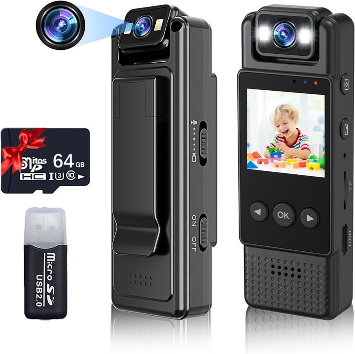 Hordozható testkamera 1080P, 64G, 1.3" kijelző, kiegészítő világítás, 180°-ban forgatható