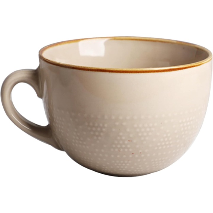 Cana ceramica/bol, stoneware ars la 1350°C, fara plumb si cadmiu, cu maner ergonomic, rezistenta la masina de spalat, cuptorul cu microunde si congelator, kaki, 700ml