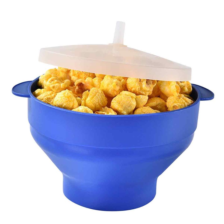 Bol pliabil din silicon pentru popcorn, capac reutilizabil, 16.5x8.9cm, alb