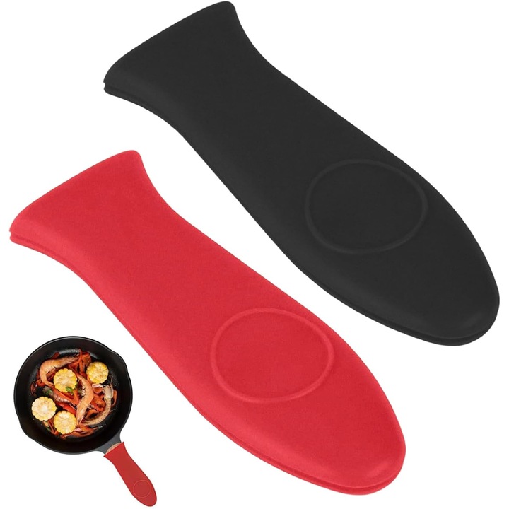 2 darabos készlet, Szilikon fogantyúvédő, hőálló 230°C-ig, texturált csúszásmentes, mosógépben mosható, BPA-mentes, fekete/piros, 2 x 14.2 x 5 cm
