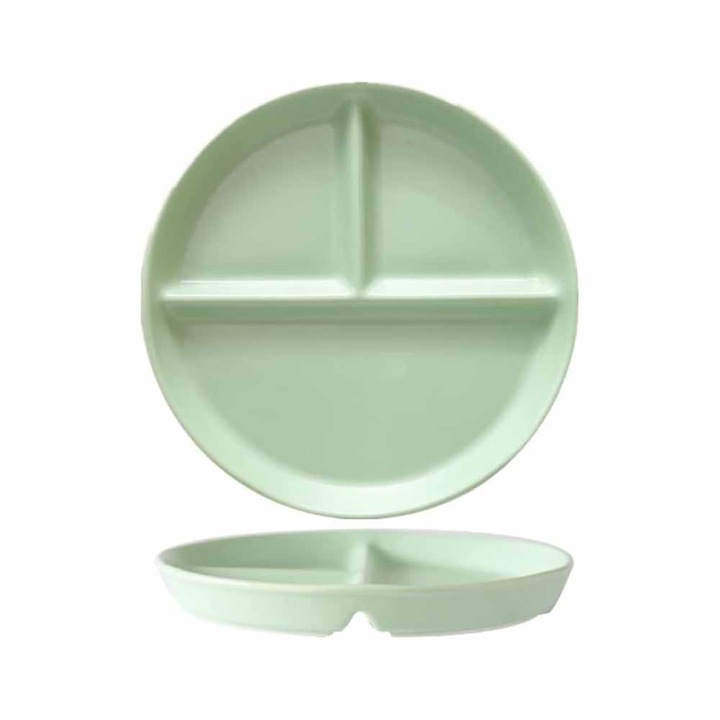 Porcelán tányér adagkontrollhoz, 3 rekeszes tálca, chipálló kemény porcelán, sütőben (200°C-ig), mikrohullámú sütőben és mosogatógépben is biztonságos, mentazöld, 20.5 x 20.5 x 2.5 cm
