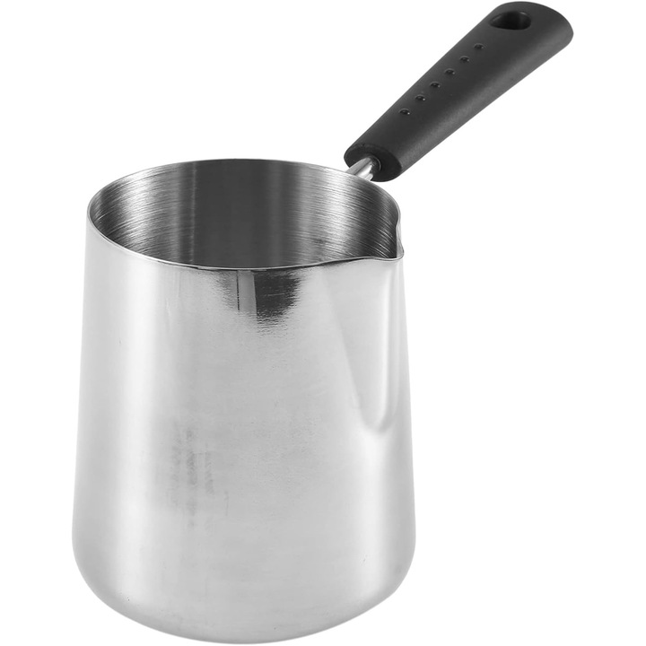 Ibrik/cezve pentru cafea turceasca, inox alimentar, cu cioc anti-picurare, maner cu orificiu pentru agatare, multifunctional pentru incalzire lapte si topire unt, argintiu, 350 ml