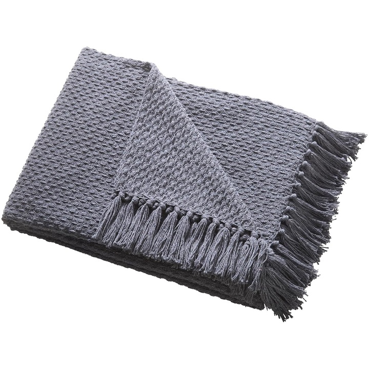 Patura mare 200x200 cm bumbac reciclat gri carbune cu ciucuri tesatura texturata