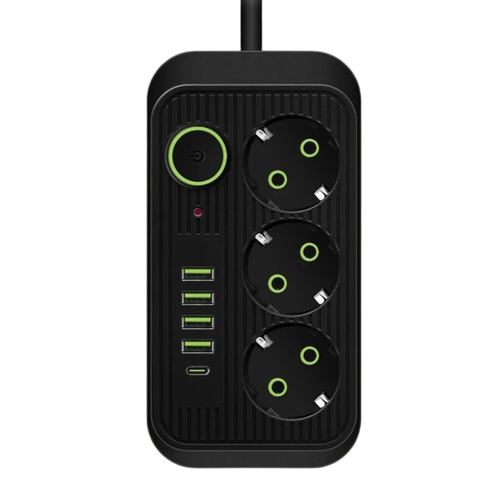 Стандартен европейски разклонител с USB, 2 контакта Schuko 16A и 3 интелигентни USB-A порта 5V (1–4A), със защитни капаци и корпус от PC UL94 V-0, Черен, 1 бр