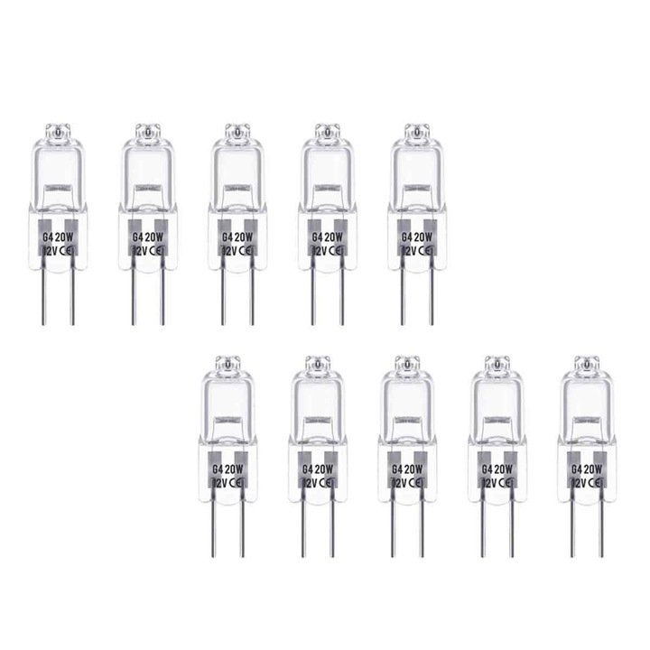 Set 10 bucati, becuri halogen G4, lampi cu filament 20W 12V, compatibile cu socluri G4 plug-and-play, CRI >95, alb cald 2700-3000K, 12 x 34 mm