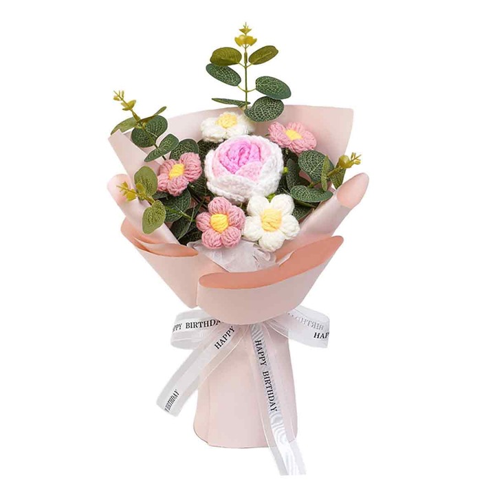 Buchet flori crosetate, aranjament floral lucrat manual din fir acrilic moale, cu 7-9 flori, fara intretinere, roz pastel, 1 bucata