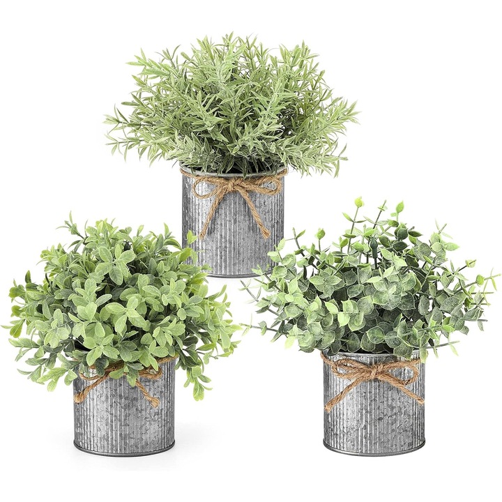 3 darabos szett, dekoratív műnövények horganyzott cserepekben, eukaliptusz, buxus, rozmaring, élethű UV-álló műanyag lombozat, karbantartásmentes, zöld/szürke, 3 x 19 cm