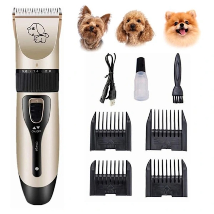 INF kutyanyíró / trimmer, mellékelt tartozékokkal, USB-n keresztül újratölthető, 4 vezetőfésű, állítható penge, fekete/arany, 1 db